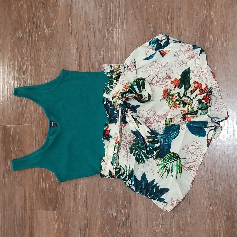 (L) SHEIN Ribbed Romper Tropical Palm Print Vacation Outdoor Beach Garden Girl